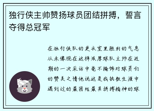 独行侠主帅赞扬球员团结拼搏，誓言夺得总冠军