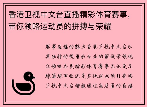 香港卫视中文台直播精彩体育赛事，带你领略运动员的拼搏与荣耀